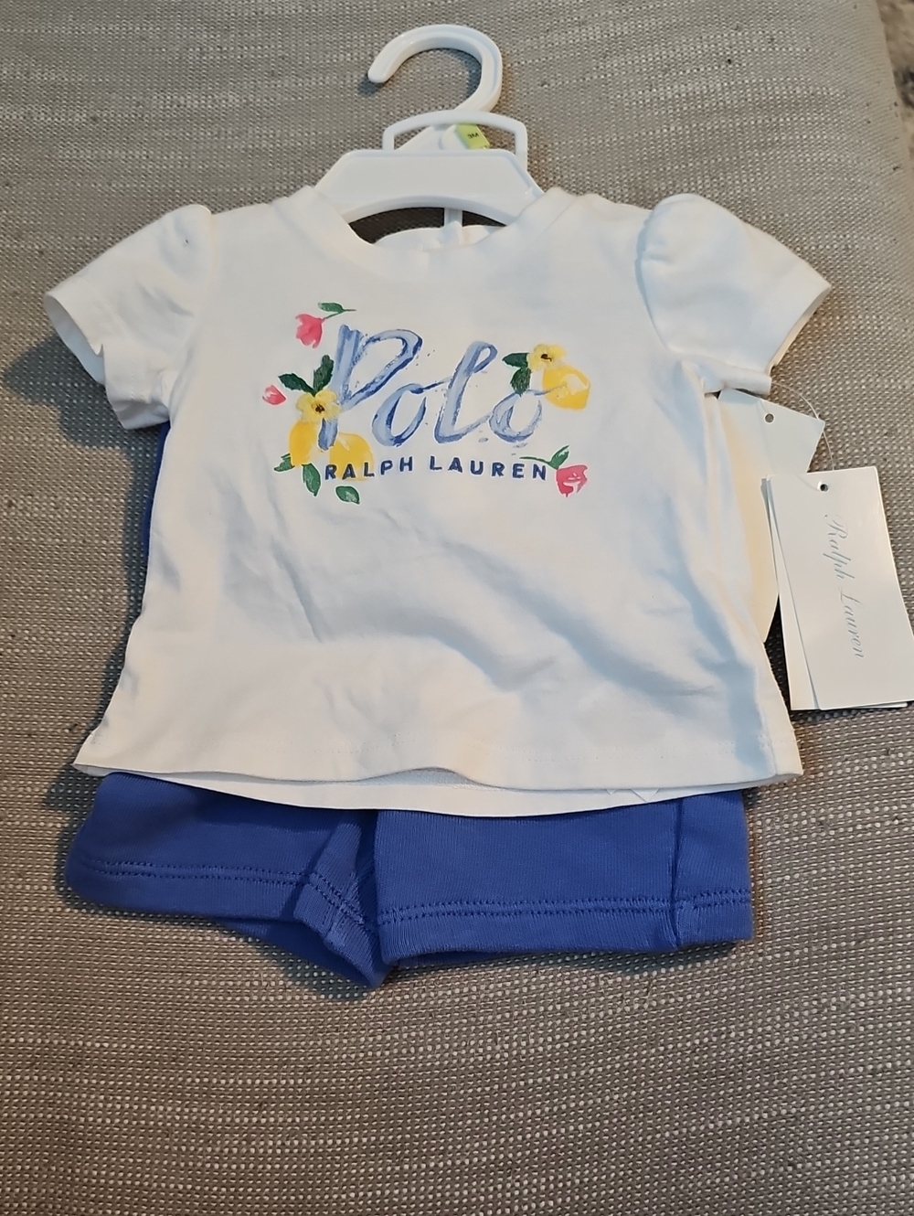 NWT Ralph Lauren White Tee with Blue Shorts and Floral Logo